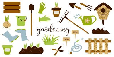 trädgårdsarbete uppsättning verktyg. platt samling av vår trädgård Utrustning och växter. räfsa, spade, blomkruka, sudd stövlar och handskar, blomma lökar. design grafisk konst, säsong- illustration, hushållning. vektor