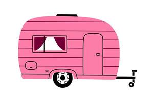 hand dragen söt tecknad serie illustration camping trailer. platt utomhus- turism bil klistermärke i färgad klotter stil. motor fordon för campingplats ikon. äventyr, semester. hus på hjul. isolerat. vektor