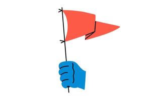 hand dragen söt tecknad serie illustration av hand med röd flagga. platt prestation eller seger klistermärke i färgad klotter stil. utmaning Framgång ikon. protest, fara, aggression tecken. isolerat. vektor