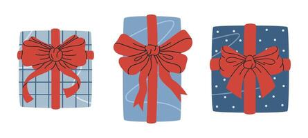 gåva lådor. högtider presenterar låda med silke pilbågar, födelsedag eller jul insvept gåva lådor platt illustration uppsättning. närvarande lådor på vit vektor
