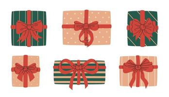 Ferien Geschenk Boxen. Geburtstag oder Weihnachten die Geschenke Kisten mit Seide Verbeugungen, eingewickelt Geschenk Kisten eben Illustration Satz. Hand gezeichnet Geschenk Box Sammlung vektor