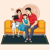 en familj som sitter på en orange soffa vektorillustration pro nedladdning vektor