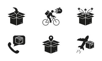 cykel leverans service silhuett ikon uppsättning. global frakt glyf piktogram. paket låda fast tecken. luft transport, beställa sändning symbol samling. isolerat illustration. vektor