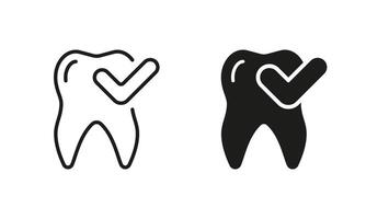 gesund Zähne Silhouette und Linie Symbol Satz. Zahn mit Häkchen Piktogramm. überprüft Oral Gesundheit, Schutz und Hygiene. Dental Behandlung schwarz Symbol Sammlung. isoliert Illustration. vektor