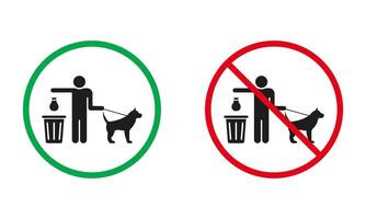 Bitte sauber oben nach Ihre Hund Poop Warnung unterzeichnen. Mann werfen Tasche mit Scheisse in Müll können Silhouette Symbole Satz. Gehen mit Hund erlaubt und verboten Symbol. isoliert Illustration vektor