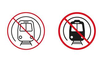 metro inte tillåten väg tecken. förbjuda tunnelbana, tåg, underjordisk station cirkel symbol uppsättning. förbjuda trafik röd tecken. järnväg transport linje och silhuett förbjuden ikon. isolerat illustration vektor