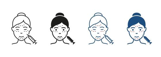 anti åldring hud vård procedur för kvinnor linje och silhuett ikon uppsättning. injektion för ansiktsbehandling rynkor piktogram. mesoterapi, syra och fyllmedel symbol samling. isolerat illustration. vektor