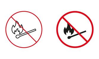 Nej farlig match pinne, förbjuda öppen brand brinnande linje och silhuett ikoner. läger brand inte tillåten, matchstick varning tecken uppsättning. lägereld förbjuden symbol. isolerat illustration vektor