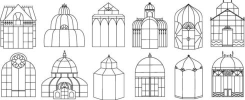en uppsättning av årgång isolerat växthus. linje illustration drivhus och orangeri. vektor