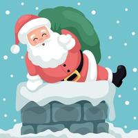Frohe Weihnachten Kartendesign des Weihnachtsmannes, der glücklich durch den Schornstein des Hauses eingeht vektor