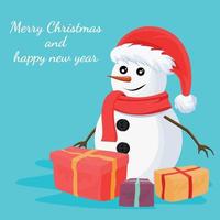 Weihnachtsschneemann-Kartendesign von frohen Weihnachten und guten Rutsch ins Neue Jahr mit Geschenkboxen und Verzierungen vektor
