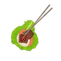 logotyp illustration av ssambap eller insvept ris i sallad med kimchi och bulgogi vektor