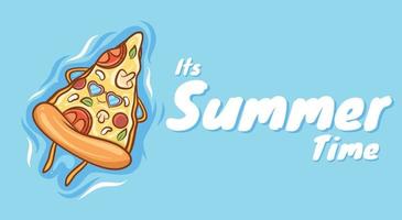 Süße Pizzascheibe schwimmend entspannen Sie sich mit einem Sommergrußbanner vektor