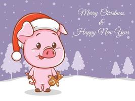 söt gris seriefigur med god jul och gott nytt år hälsning banner vektor