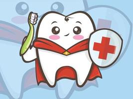 süßer Zahn-Superheld, der eine Zahnbürste und einen Schild hält. Zeichentrickfigur.