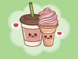 süße Kaffeetasse und Eiscreme-Paar-Konzept. Karikatur vektor