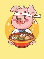 süßer Schweinekoch, der ein japanisches Ramen-Essen hält. Zeichentrickfigur und Maskottchenillustration. vektor