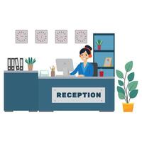 receptionist flicka arbetssätt på en reception tabell vektor
