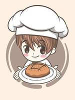 söt bageri kock pojke håller en tårta och bröd - seriefigur och logotyp illustration