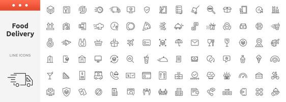 Essen Lieferung Bedienung Symbol Satz. ui Symbole Sammlung Umriss. enthält bestellen Verfolgung, Lieferung heim, Lagerhaus, LKW, Roller, Kurier und Ladung Symbole. Versand Symbol. vektor
