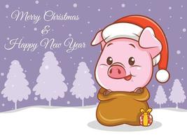 süße Schwein-Cartoon-Figur mit frohen Weihnachten und guten Rutsch ins neue Jahr Grußbanner vektor