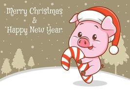 süße Schwein-Cartoon-Figur mit frohen Weihnachten und guten Rutsch ins neue Jahr Grußbanner vektor