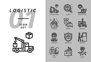Ikonförpackning för logistik, flatbilsbil, sökprodukt, leveransfynd, flygplan, vikt, scooter, plats, skyddad, leverans, tåg, skepp, jordklot. vektor