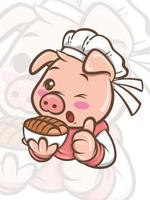 söt kock gris seriefigur presenterar krispig fläsk mage mat - maskot och illustration vektor