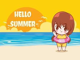 en söt tjej säger hej sommar. sommar hälsning koncept illustration. vektor