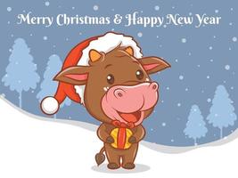 süße Kuh-Cartoon-Figur mit frohen Weihnachten und guten Rutsch ins neue Jahr Grußbanner. vektor