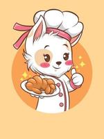 süßer Katzenmädchenkoch, der ein Brot hält. Bäckerei-Koch-Konzept. Zeichentrickfigur und Maskottchen vektor