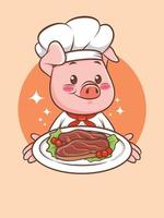 süßer Schweinekoch, der ein gegrilltes Schweinesteak präsentiert. Zeichentrickfigur und Maskottchenillustration. vektor