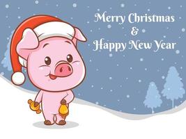 süße Schwein-Cartoon-Figur mit frohen Weihnachten und guten Rutsch ins neue Jahr Grußbanner vektor