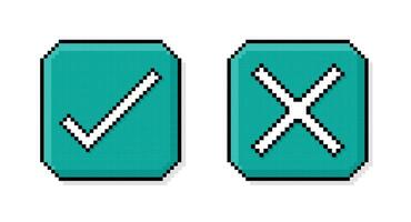 Pixel Kunst, 90er Jahre Stimmung, 8 Bit retro Stil prüfen Kennzeichen und Kreuz markieren, einstellen von Tick und Kreuz Symbole oder Symbole auf pixelig Stil Illustration vektor