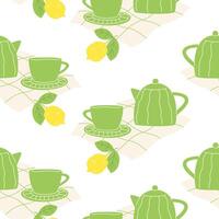 sömlös mönster med tekanna, kopp, varm te och citron- vektor