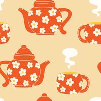 nahtlos Muster mit ein Teekanne und Tasse einstellen mit Kamille heiß Tee vektor
