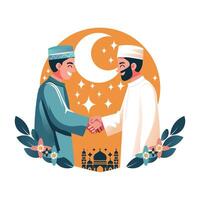 eid festival Lycklig muslim människor, fira helig månad ramadhan, eid mubarak hälsning illustration vektor
