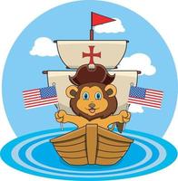 Happy Columbus Day America mit süßem Löwen und Schiff im Meer vektor