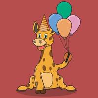 karaktär giraff med fyra ballonger för fest vektor