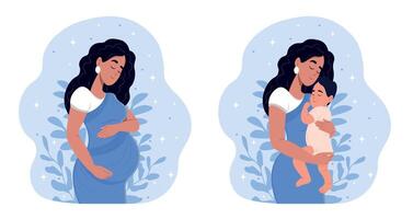 schwanger Frau mit ein Bauch. Mutter mit ein Neugeborene Baby. Schwangerschaft und Mutterschaft. eben Illustration. vektor