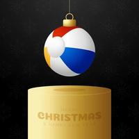 Beachball-Weihnachtspodiumskarte. Frohe Weihnachten Urlaub sonnige Grußkarte entspannen. Hängen Sie an einem Faden Strandball als Weihnachtskugel und goldener Kugel auf schwarzem Hintergrund. Sport-Vektor-Illustration. vektor