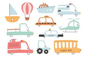 söt transport uppsättning, tecknad serie bilar ikoner, hand dragen illustration. barn transport uppsättning isolerat på vit bakgrund. vektor