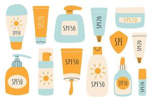 einstellen von Sonnencreme, Lotionen mit spf. Sonnenschutz Schutz und Sonne Sicherheit. Sonnencreme, Lotion mit spf. Sonnenschutz Lotion isoliert. Hand gezeichnet Illustration. eben Stil. vektor