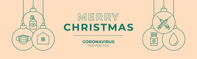 Weihnachts-Coronavirus-Impfstoff-Präventionsball-Banner. Weihnachts- oder Neujahrskonzept Prävention Covid-19-Krankheit, flacher Cartoon-Ball vektor