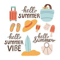 Sommer- Schriftzug.glücklich Sommer- Urlaub Hand gezeichnet Phrasen, Hallo Sonnenschein modern Kalligraphie. Sammlung Sommer- Hand gezeichnet Elemente zum Sommer- Urlaub und Party. vektor