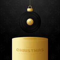 Musikalische Vinyl-Schallplatte Weihnachtskarte. frohe weihnachten musik grußkarte. Hängen Sie an einer Faden-Vinyl-Schallplatte als Weihnachtskugel und goldener Kugel auf schwarzem Hintergrund. musikalische Vektorillustration. vektor