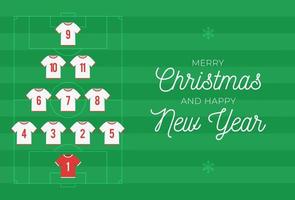 Weihnachten und Neujahr Gruß flache Cartoon-Karte. Kreativer Weihnachtsbaum von Fußball-Fußball-Shirt auf Fußballplatz-Hintergrund für Weihnachten und Neujahrsfeier. Sportgrußkarte vektor