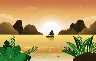 boot strand landschaftsansicht meer ferien urlaub tropische vektorillustration