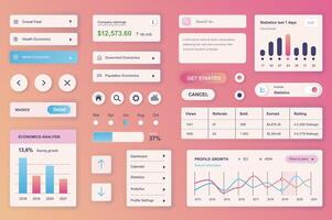 Benutzer Schnittstelle Elemente einstellen zum Finanzen Handy, Mobiltelefon App oder Netz. Kit Vorlage mit hud, verdienen Gleichgewicht, Wirtschaft Diagramm, Statistiken Daten, finanziell Analyse, Bericht. Pack von ui, ux, gui. Komponenten. vektor