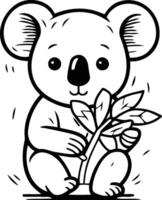 söt koala innehav en gren med löv. illustration. vektor